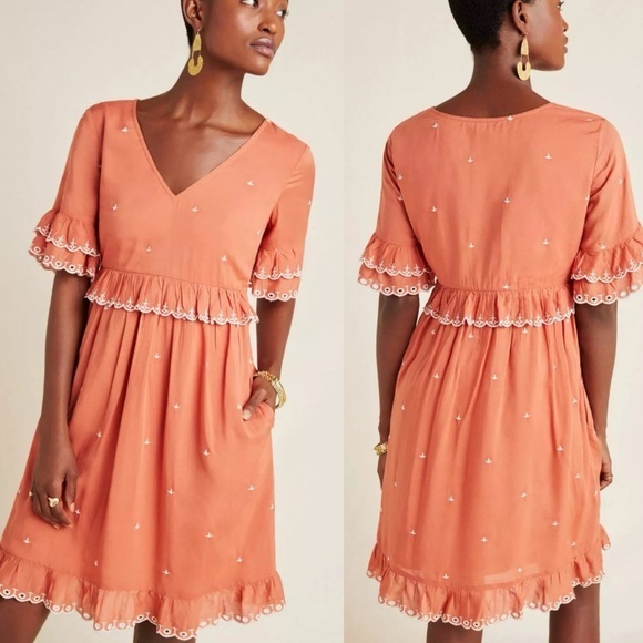 NWT Anthropologie Samia Ruffled Embroidered Dress Coral Orange 6P - Picture 1 of 8